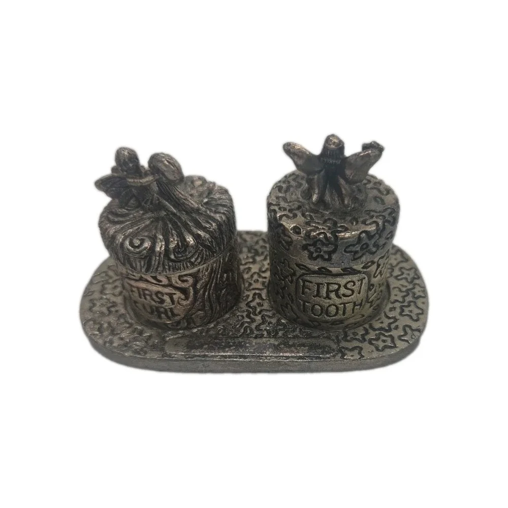 First Tooth & First Curl VINTAGE BabyKeepsake Boxes Set Pewter Fairy Theme